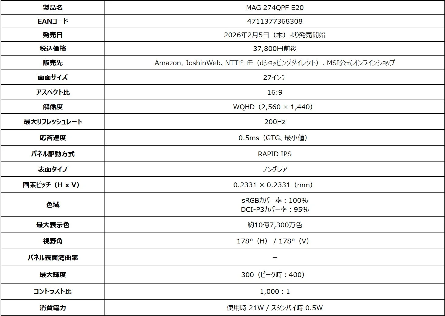 MAG 274QPF E20製品仕様
