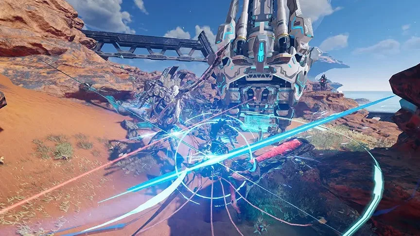 砂漠のような荒野でロボットと戦闘