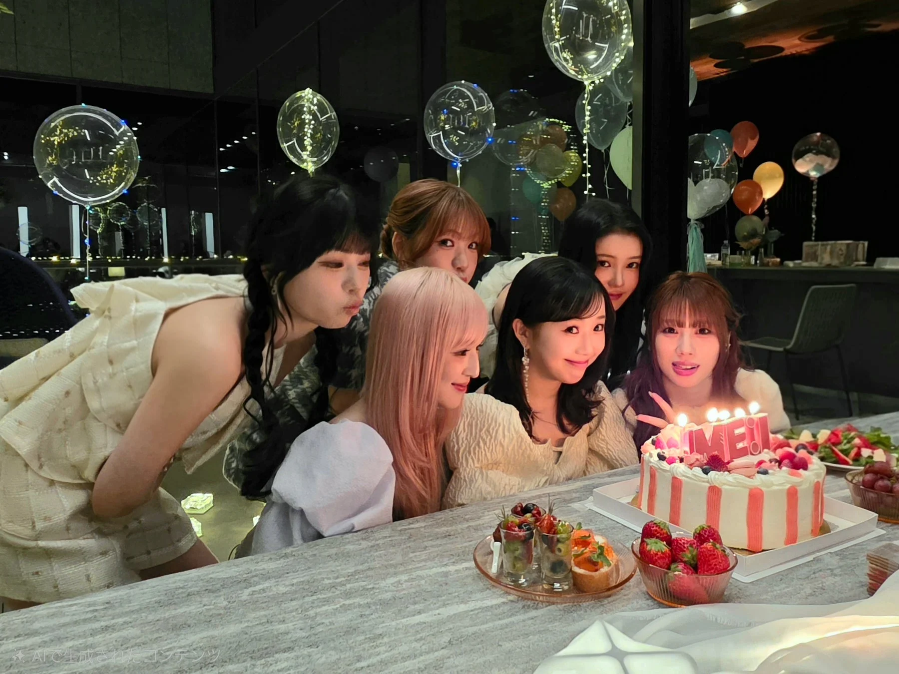 複数の女性が誕生日パーティーのような祝賀会で集まり、ろうそくが灯されたケーキを囲んで笑顔を見せている楽しげな一枚です