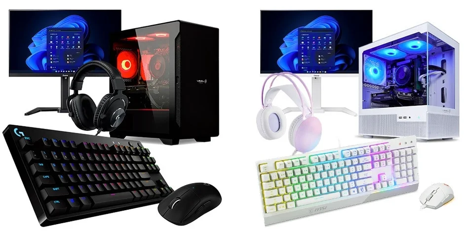 画像には、黒と白の2種類のゲーミングPCセットアップが並べられています。それぞれのセットアップには、モニター、デスクトップPC本体、ヘッドホン、キーボード、マウスが含まれており、Windows 11のようなインターフェースが表示されています。PC内部のRGBライティングが特徴的です。