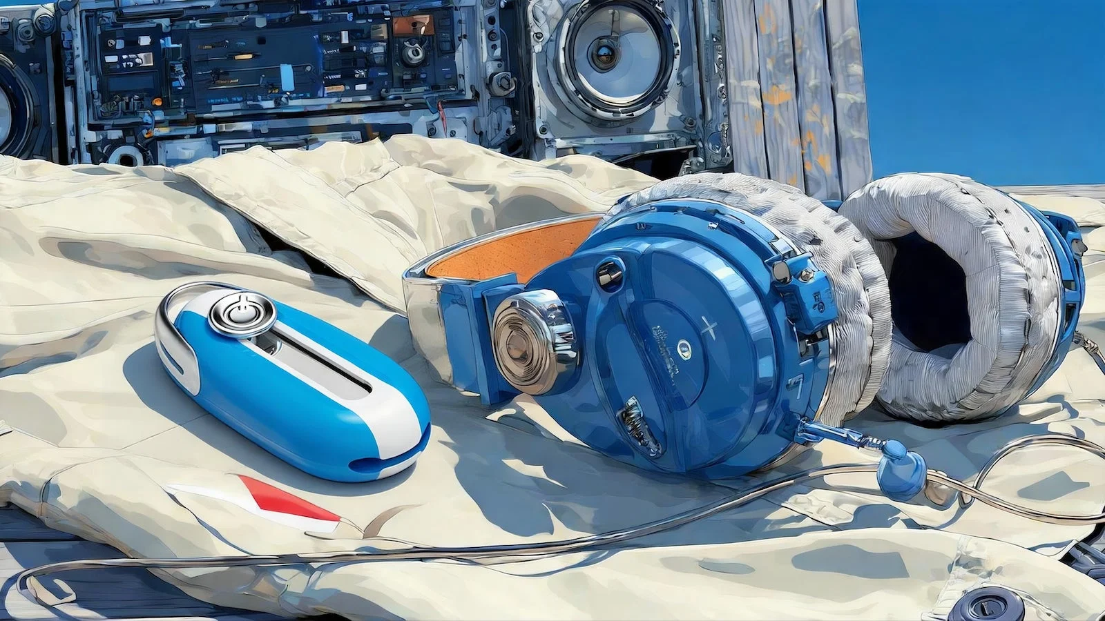 青いヘッドホンと青と白のポータブルデバイスが白い布の上に置かれ、背景には大きなスピーカーと青空が広がるデジタルイラスト