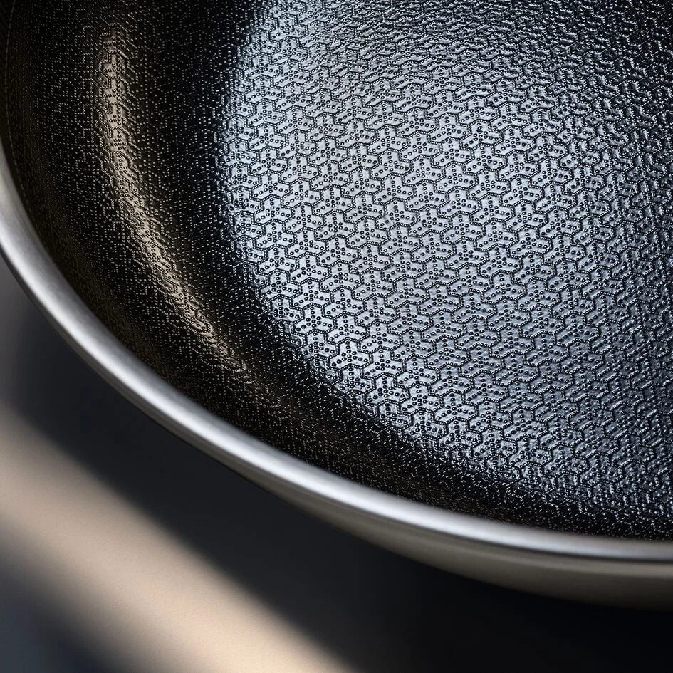 六角形の幾何学模様とドットが特徴的な、調理器具(フライパンなど)のノンスティック加工された表面をクローズアップで捉えた画像です。金属製の縁も一部見えます。