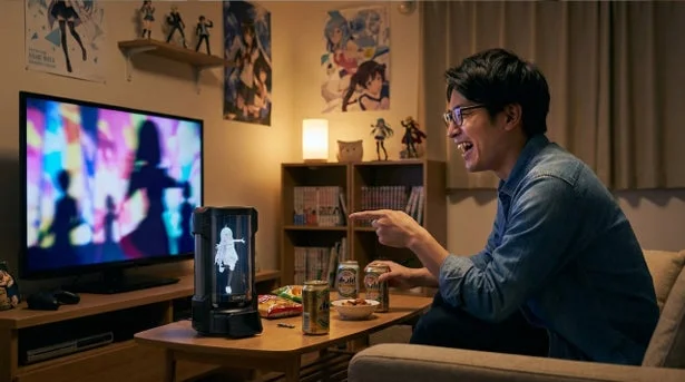 リビングでホログラムキャラクターと楽しむ男性