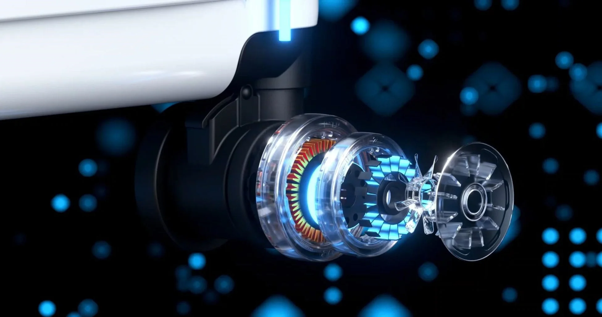 青く光る透明なギアやコイルが見える機械の内部構造