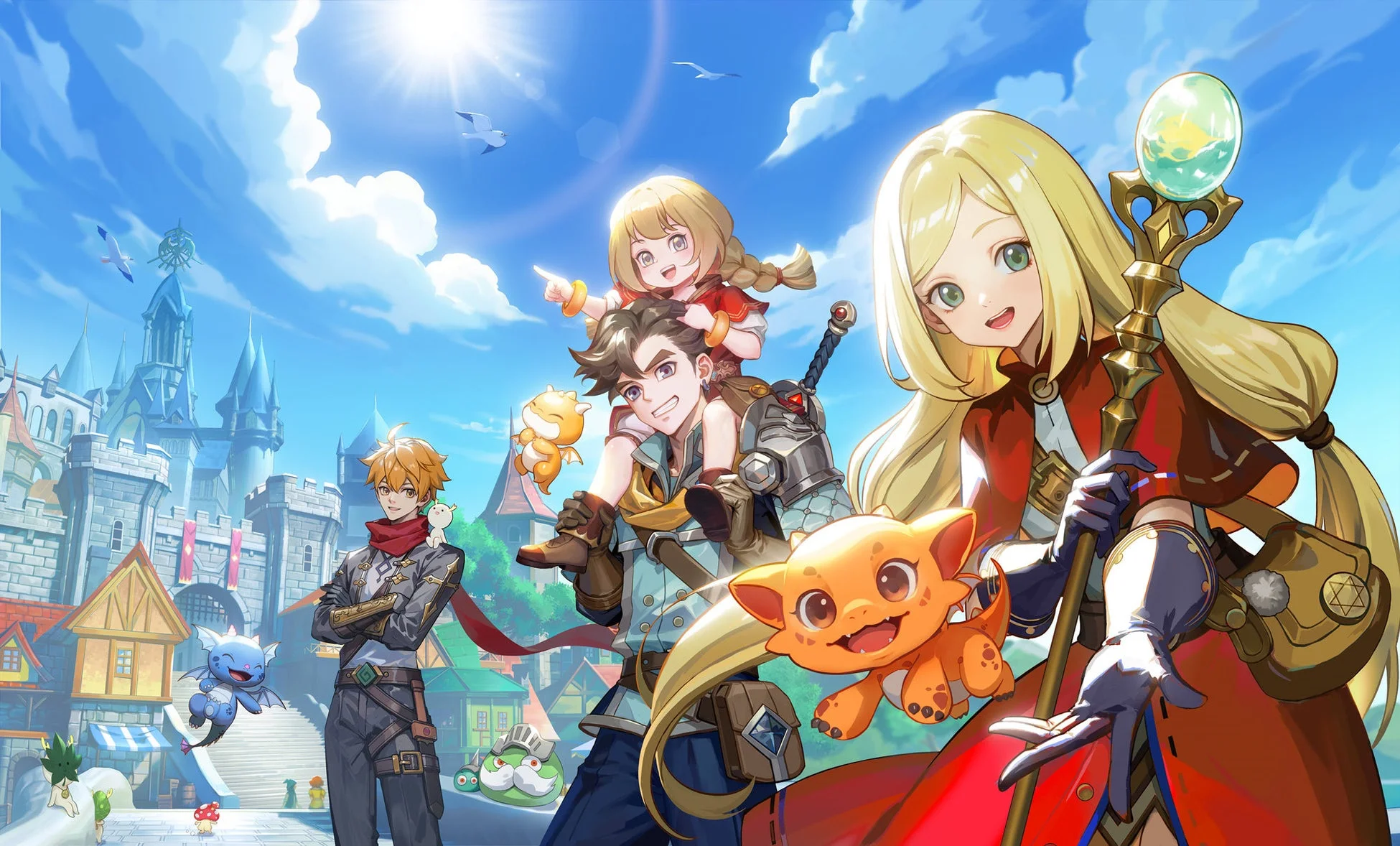 明るい青空の下、ファンタジーの世界観で描かれたキャラクターたちが集合しているイラストです。主要なキャラクターとして、子供を肩に乗せた男性、杖を持つ女性、そして腕を組んだ男性が描かれており、周囲には可愛らしい小動物のようなモンスターや、ヨーロッパ風の街並みと大きな城が見えます。