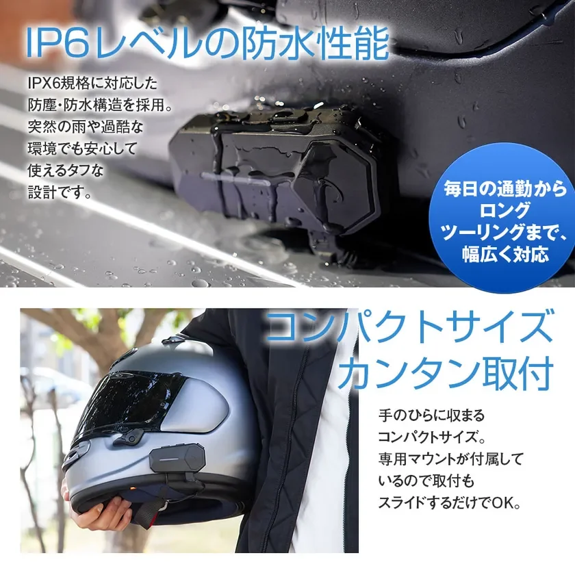 IPX6レベルの防水・防塵性能を持つヘルメット用デバイス