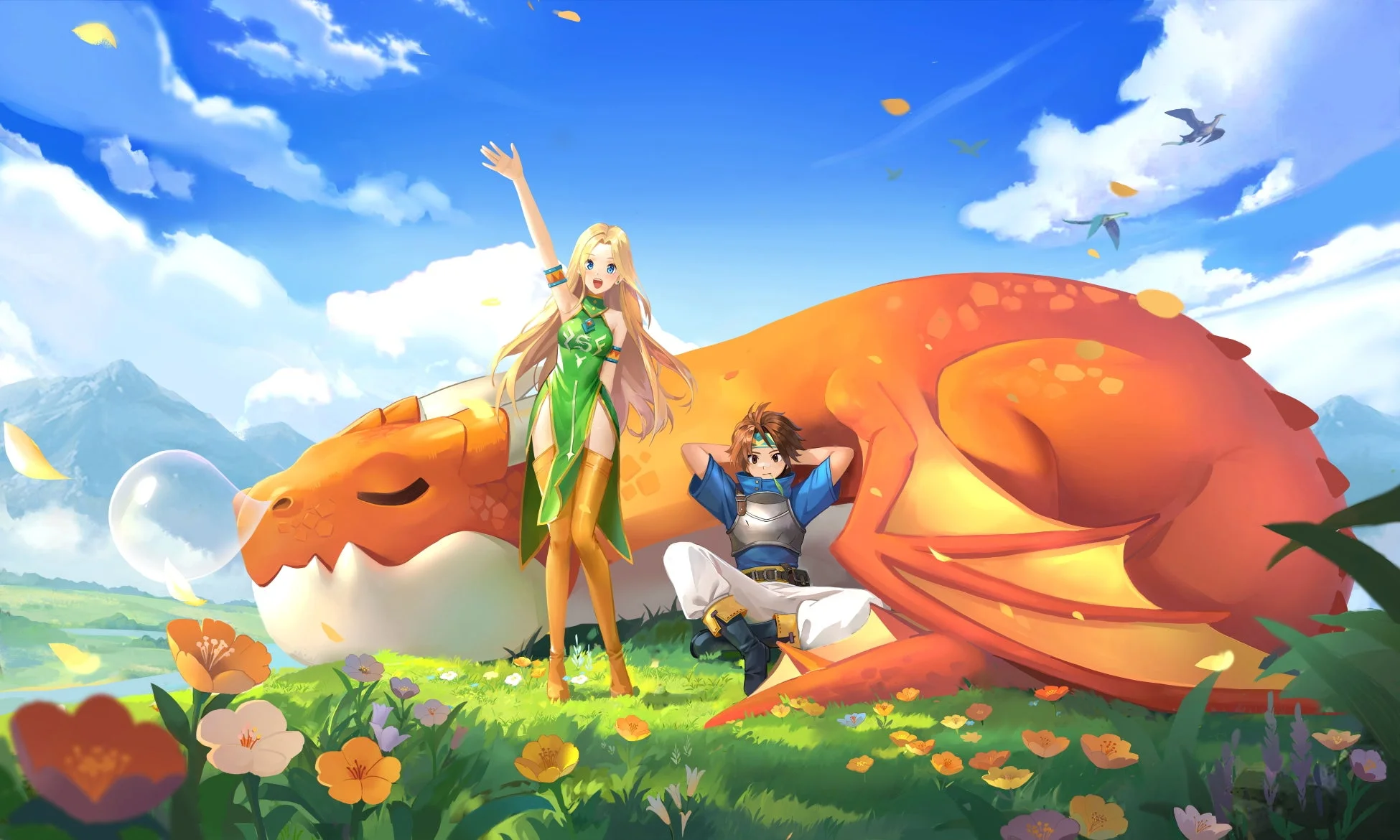 晴れた日の美しい草原で、大きなオレンジ色のドラゴンと男女のキャラクターが穏やかにくつろいでいるファンタジーイラスト。少女は手を振り、少年はドラゴンにもたれかかり、仲間との絆を感じさせる一枚です。