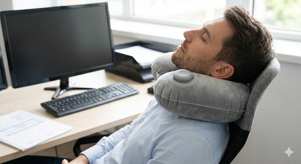 男性がネックピローで昼寝