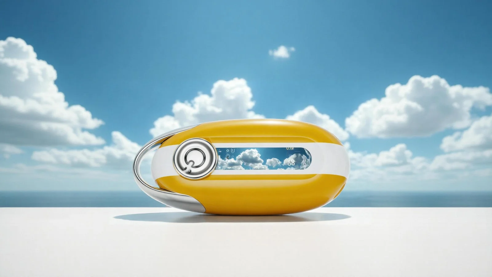 白い台の上に置かれた、黄色と白のモダンなカプセル型デバイス