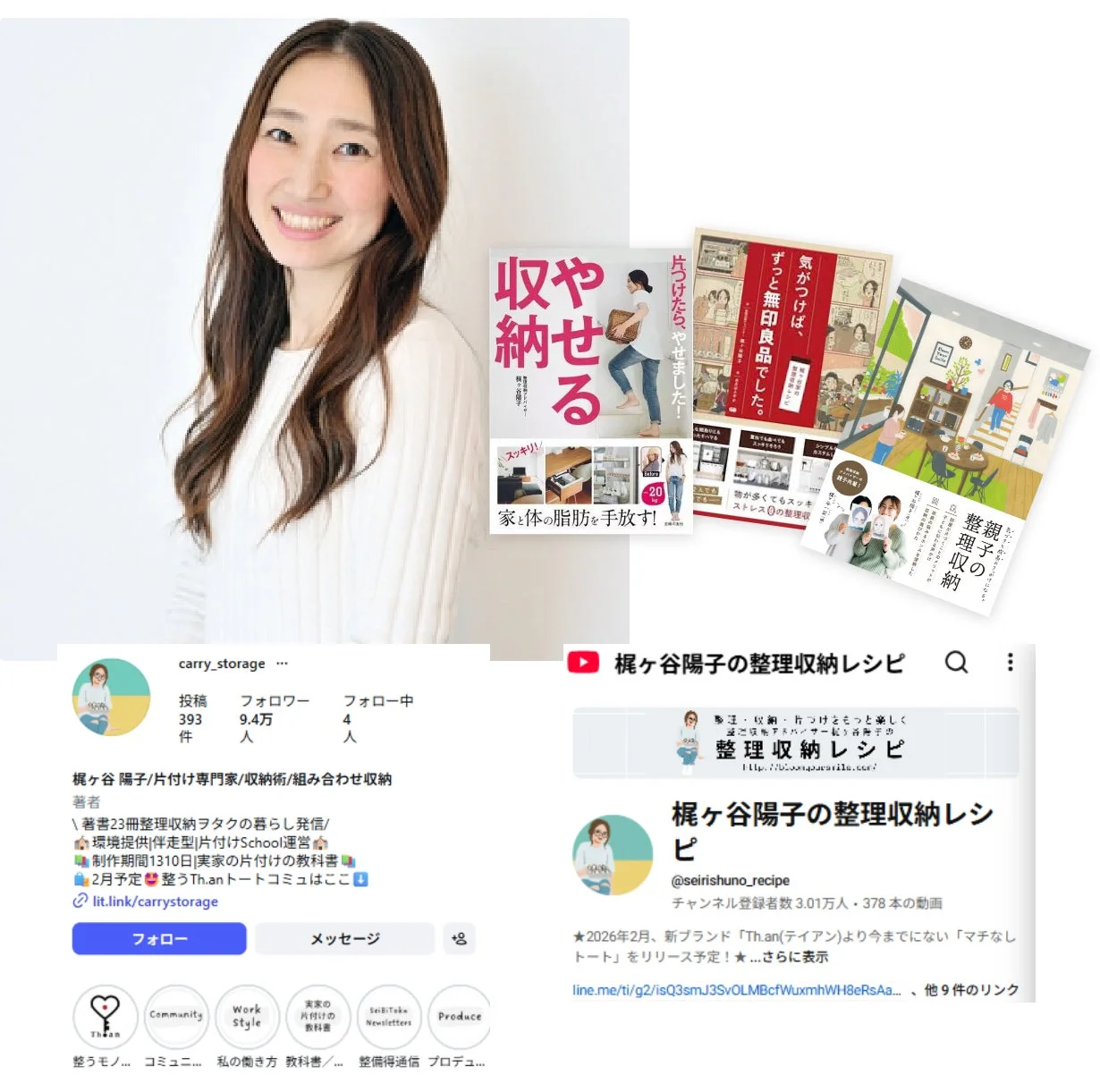 整理収納の専門家である梶ヶ谷陽子氏の活動を紹介する画像です。