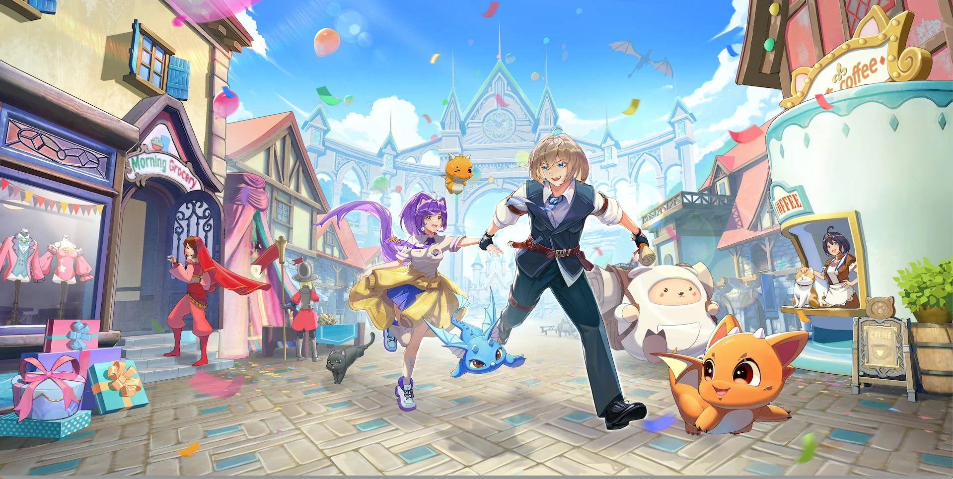 ファンタジーの世界の賑やかな街並みで、男女のキャラクターと可愛らしいモンスターたちが楽しそうに駆け回っています。紙吹雪が舞い、お祝いムードに包まれた活気あるシーンが描かれています。