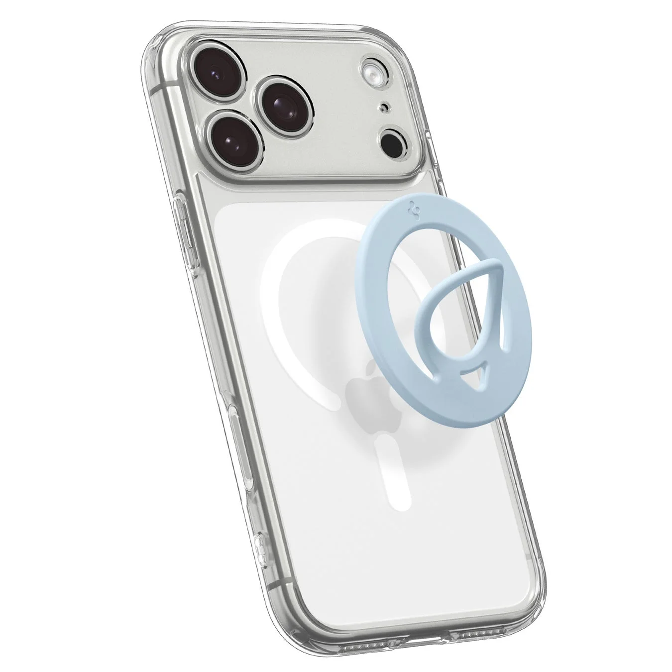 透明なiPhoneケースが装着されたスマートフォンの背面が写っており、MagSafe対応のライトブルーのリング型アクセサリーが取り付けられています。