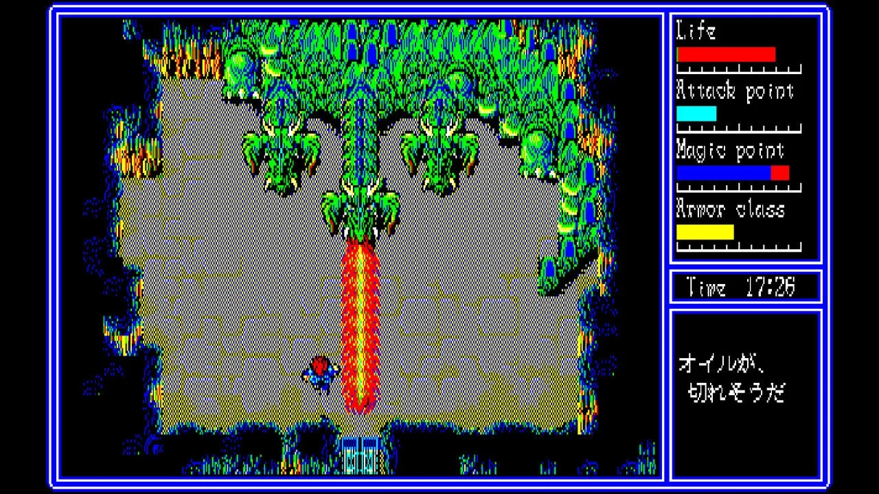 ピクセルアートのダンジョンでドラゴンと戦闘する様子