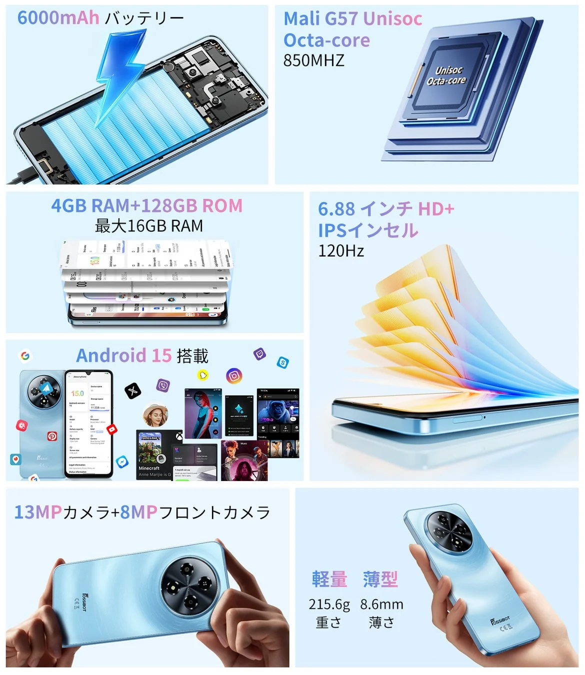 FOSSiBOTスマートフォンの主な特徴が記載された画像。6000mAhバッテリーや120Hzディスプレイなどが紹介されています。