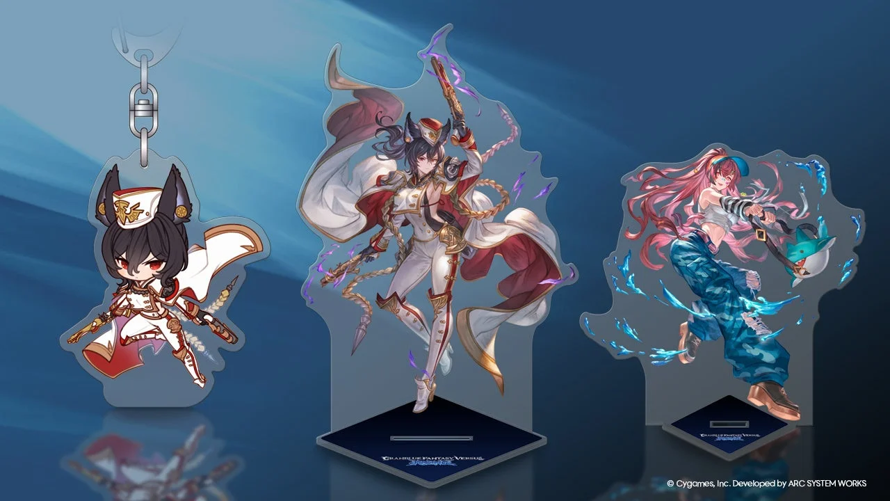 「グランブルーファンタジーヴァーサスライジング」のキャラクターをデザインしたアクリルスタンド2点とキーホルダー1点