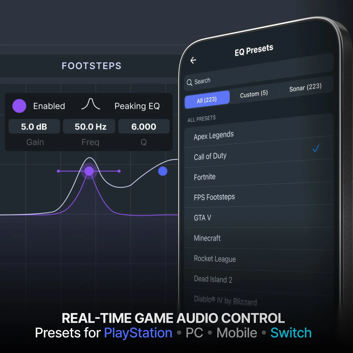 ゲーム用のリアルタイムオーディオ制御アプリの画面で、足音強調のためのイコライザー設定と、人気ゲームごとのEQプリセットリストが表示されています。