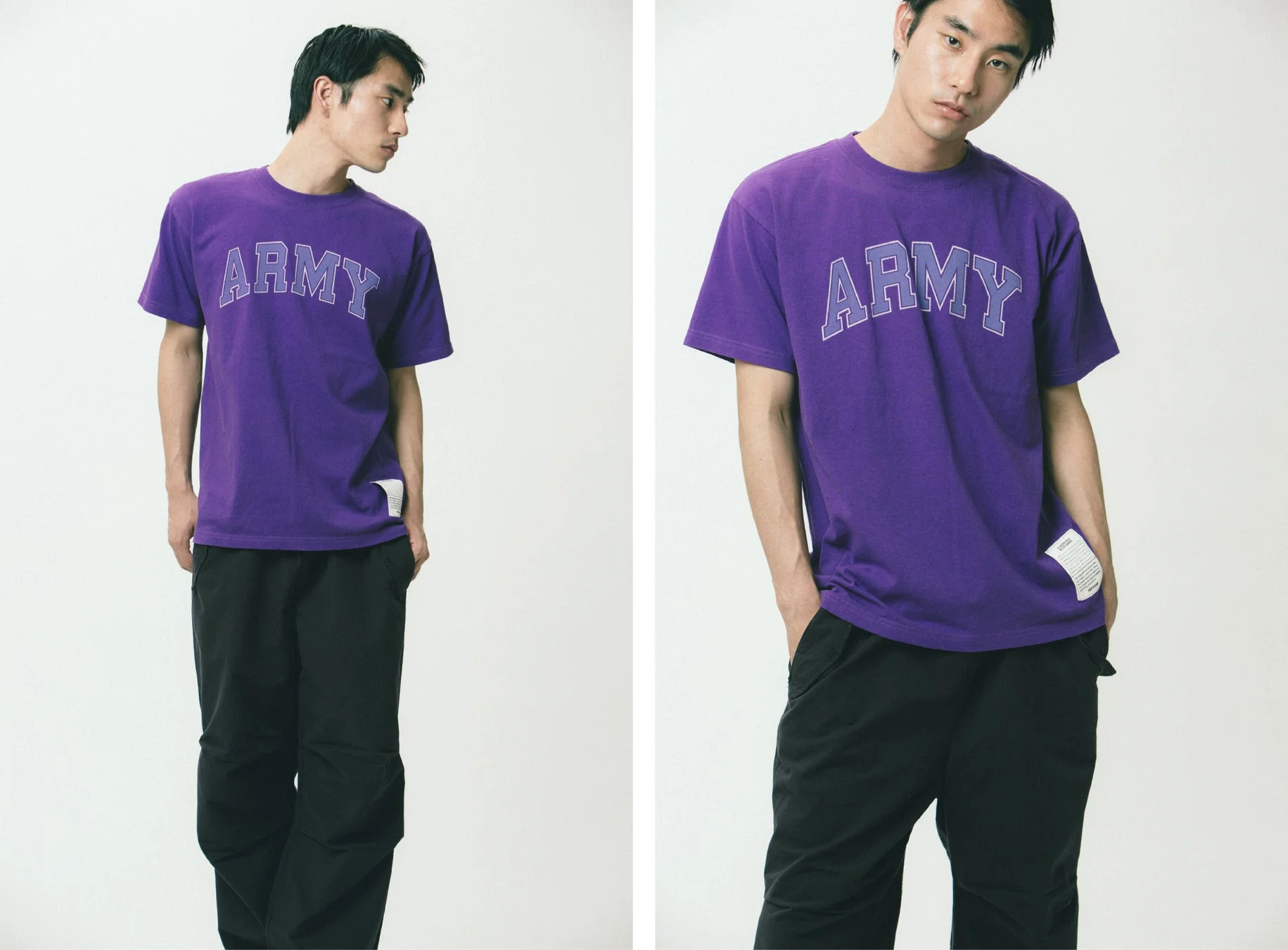 ARMY Tシャツと黒いパンツの男性モデル