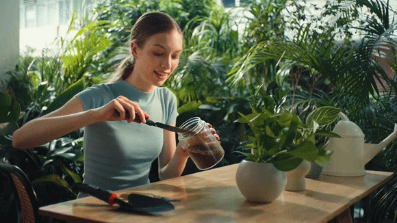 観葉植物を植え替える女性