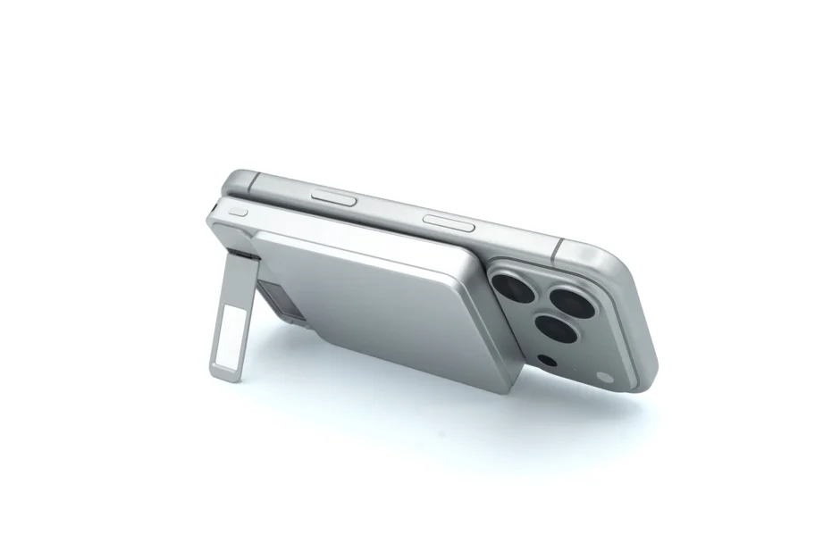 Element Metal Power Bank 8000のスタンドでスマホを横置きにしている様子