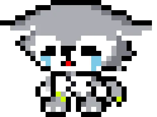 灰色と白を基調としたピクセルアートのキャラクターが描かれています。青い涙を流し、悲しそうな表情をしており、動物のような耳と尻尾の特徴が見られます。