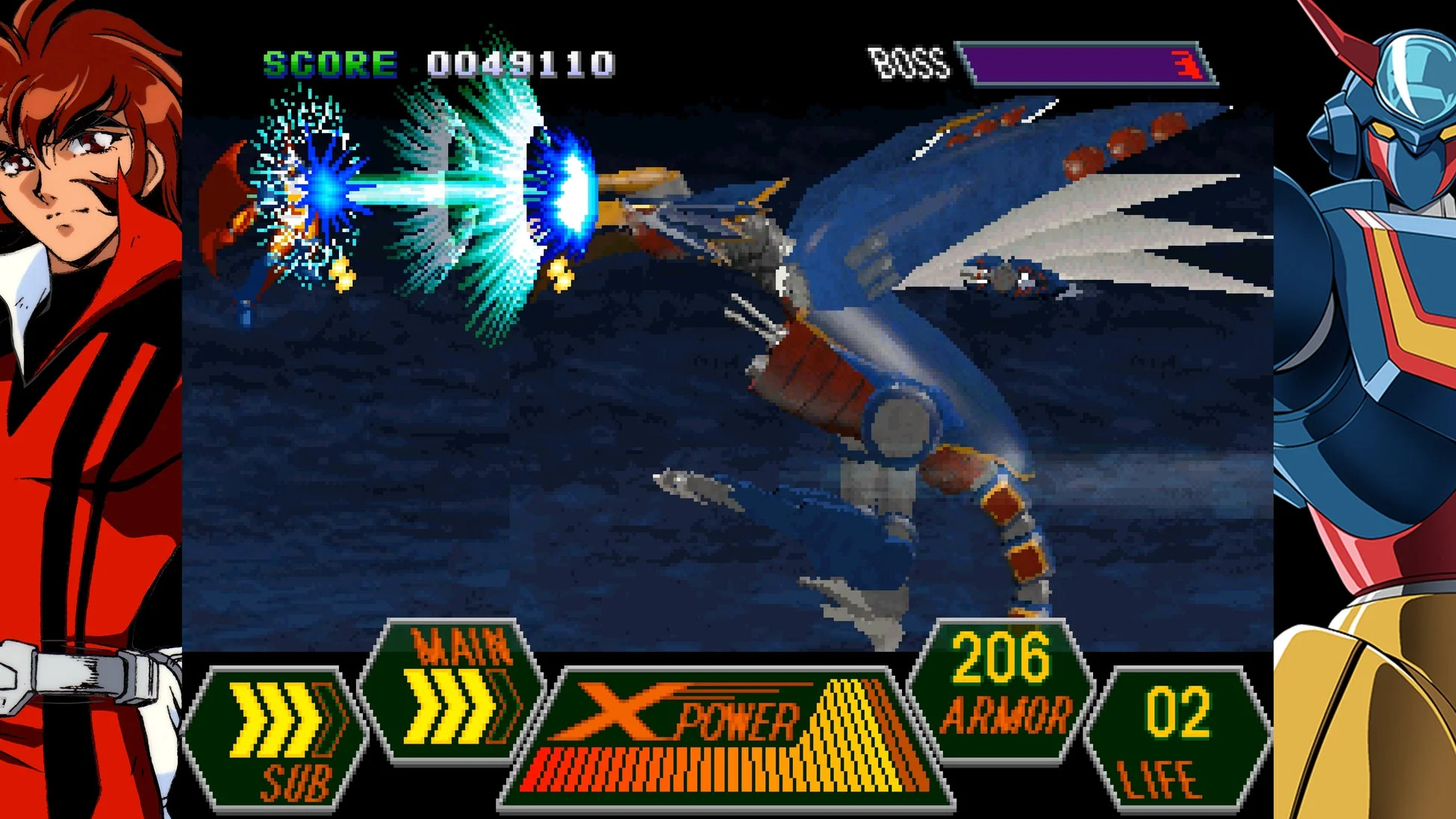 シューティングゲーム, STG, レトロゲーム, アニメ, ロボット, メカ, ボス戦, 宇宙船, ピクセルアート, 2Dゲーム