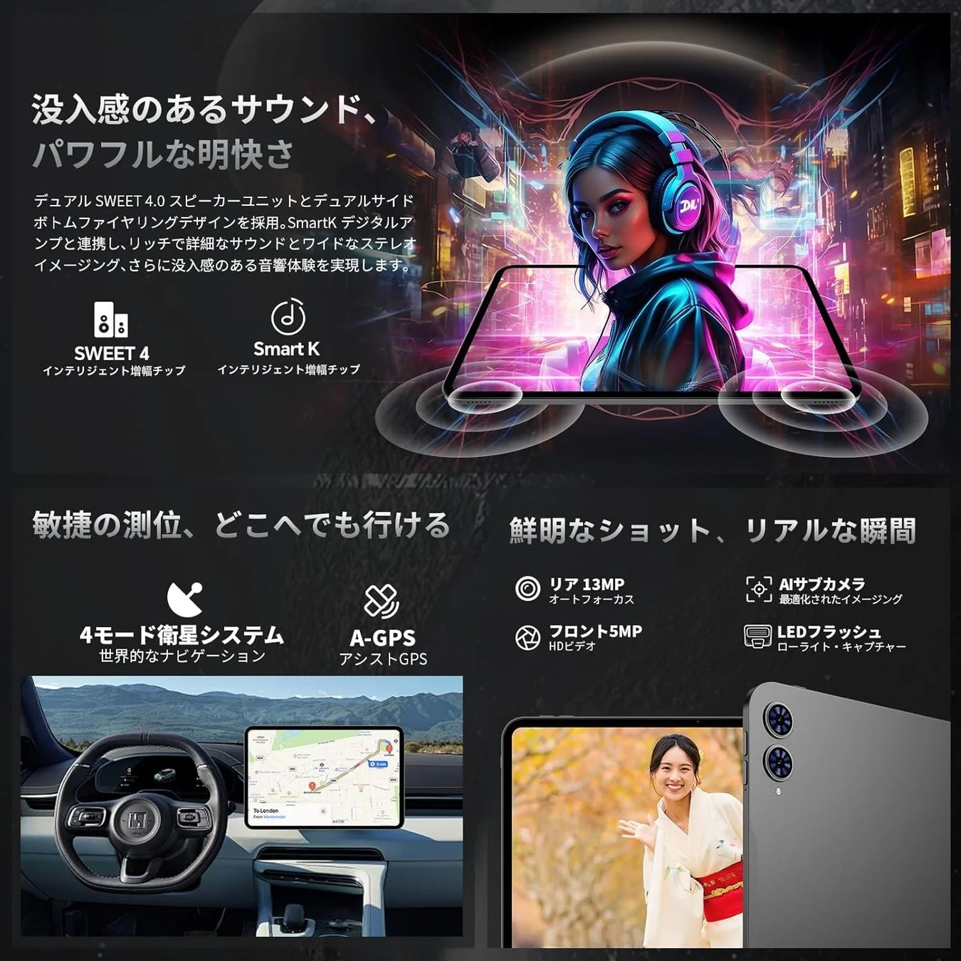 没入感のあるサウンド、正確な測位システム、鮮明なカメラ機能を特徴とする電子デバイス