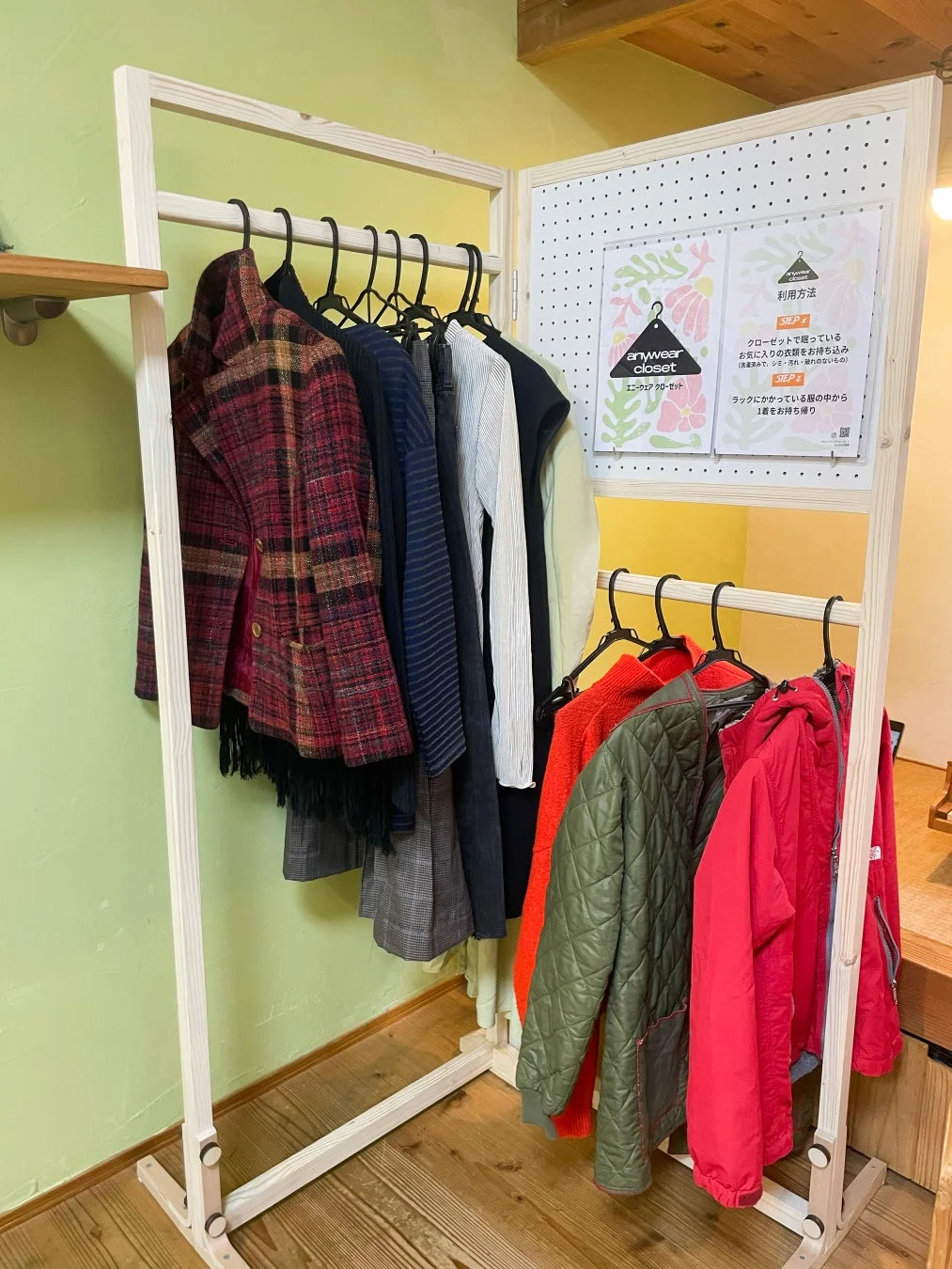 anywear closetの利用方法を示す案内板と服のラック