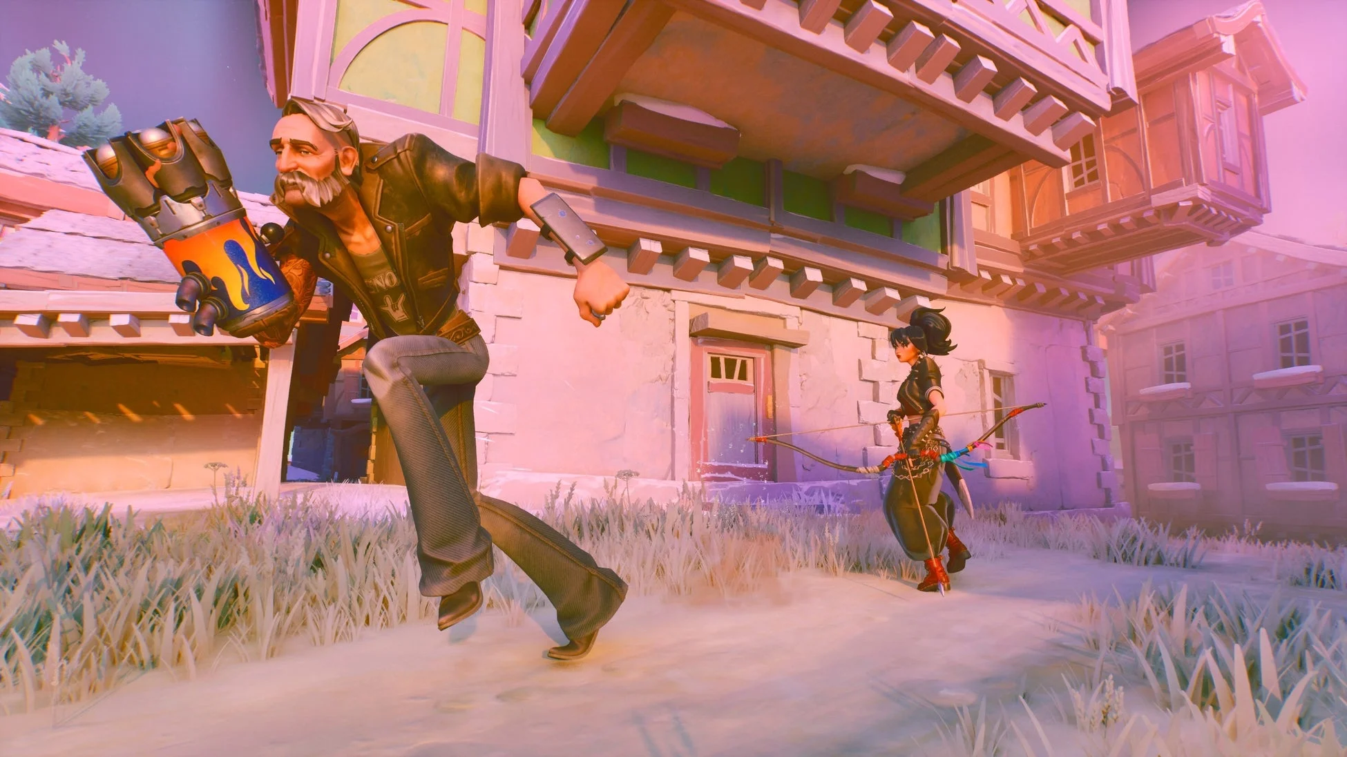 ピンク色の光に包まれたファンタジー調の村で、炎のガントレットを持つ男性と弓矢を携えた女性が描かれています