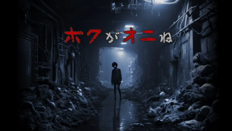 暗く荒廃した地下通路で、不気味な人物が立つホラーゲームのアートワーク