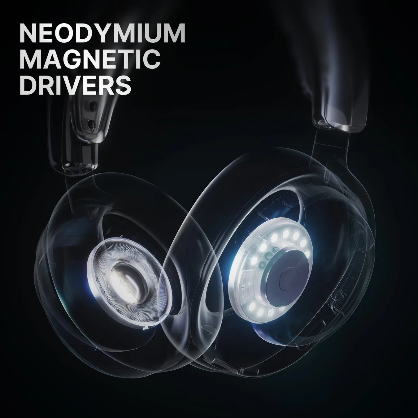 ヘッドホン内部のネオジム磁気ドライバーを強調した画像です。