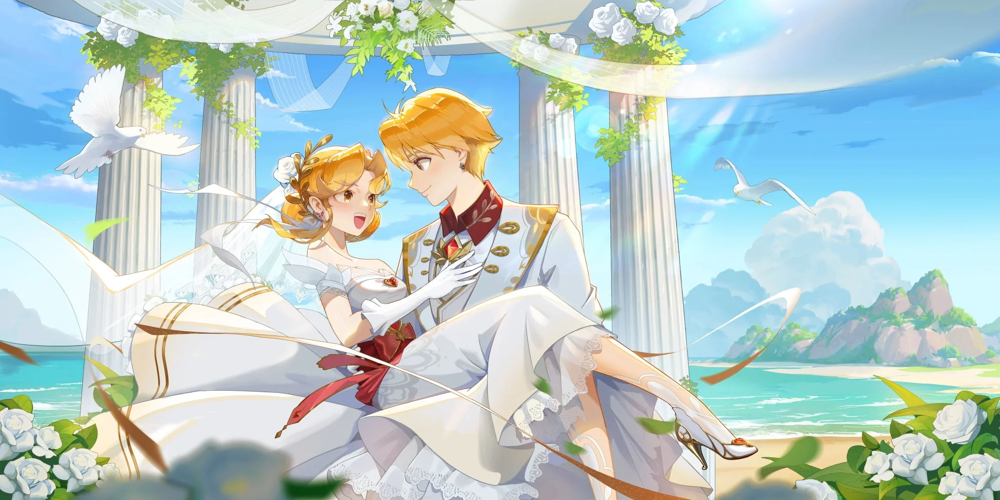 明るい青空と白い砂浜が広がるビーチで、新郎が新婦を抱きかかえている幸せな結婚式のイラストです。白いバラの装飾が施されたアーチの下、白い鳩が舞い、二人の愛に満ちた瞬間が描かれています。