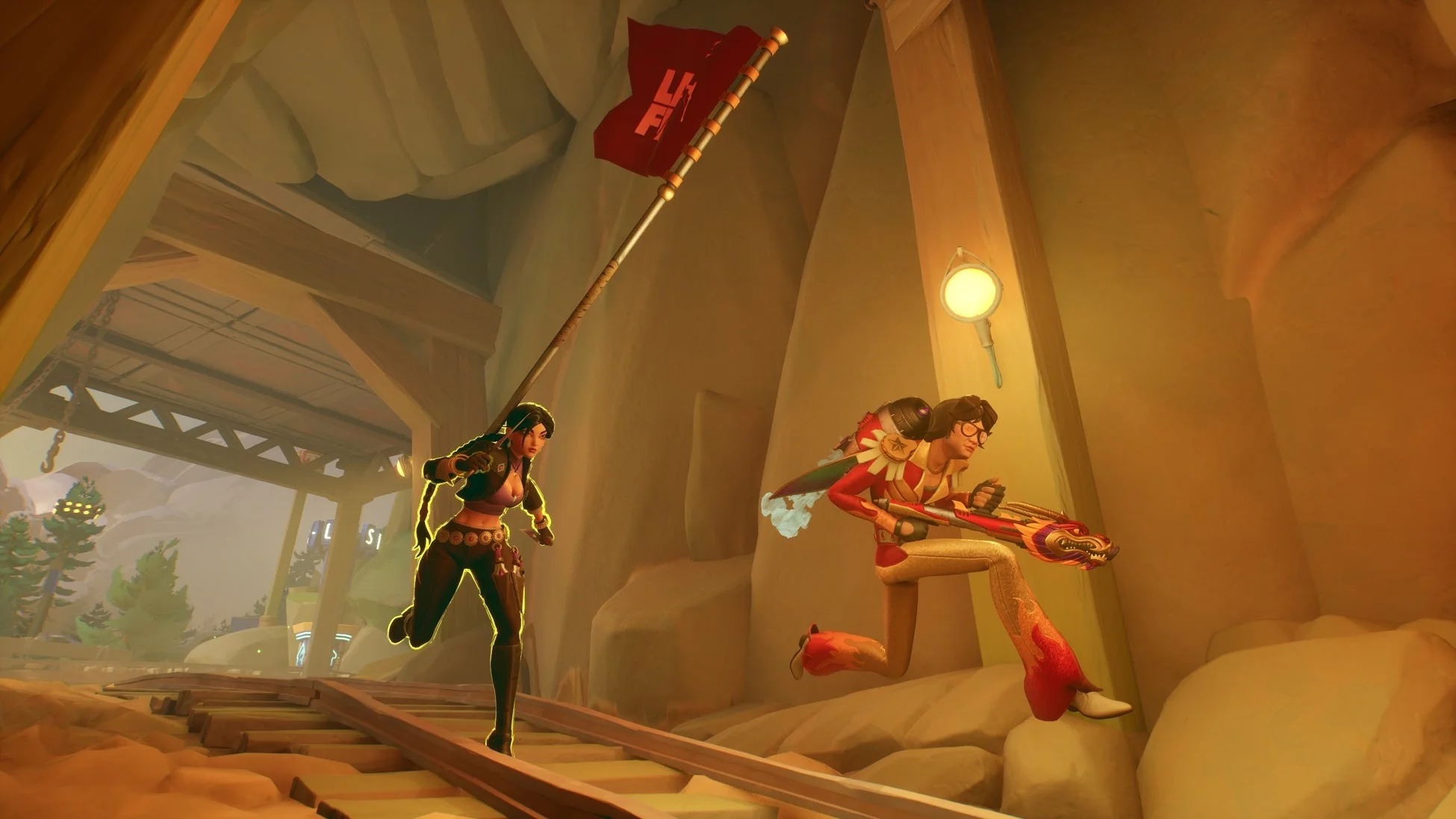 鉱山のような場所で、旗を持つ女性キャラクターと武器を持つ別の女性キャラクターが走っている