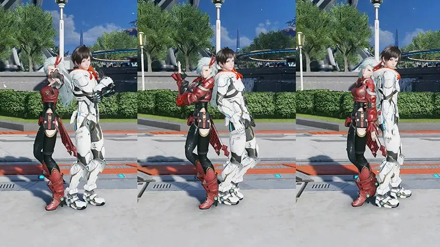 未来都市を背景にポーズをとる男女ペアのゲームキャラクター