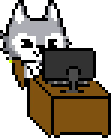 ピクセルアートで描かれた、ハスキーまたはオオカミのようなキャラクターが、茶色い机に座り、黒いコンピューターモニターを見ているイラスト
