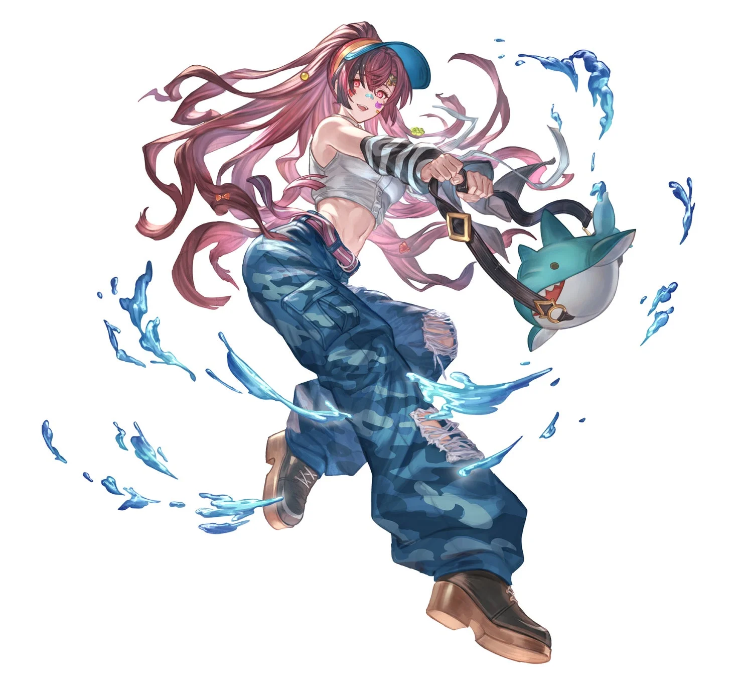 ピンクの長い髪と青いキャップが特徴の少女