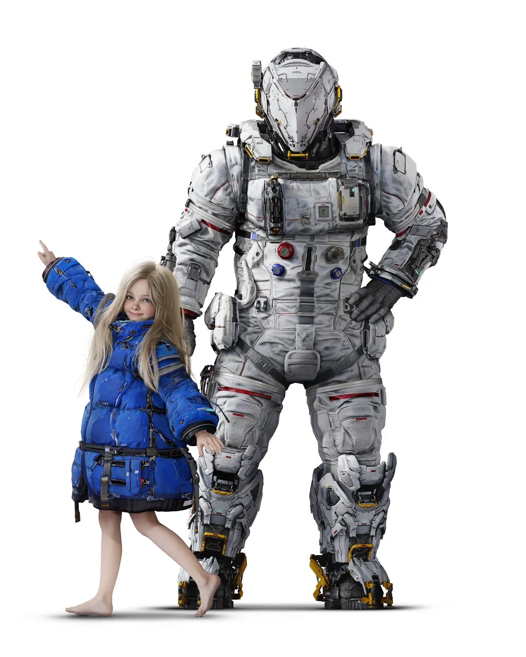 白い背景に少女と宇宙服のロボット