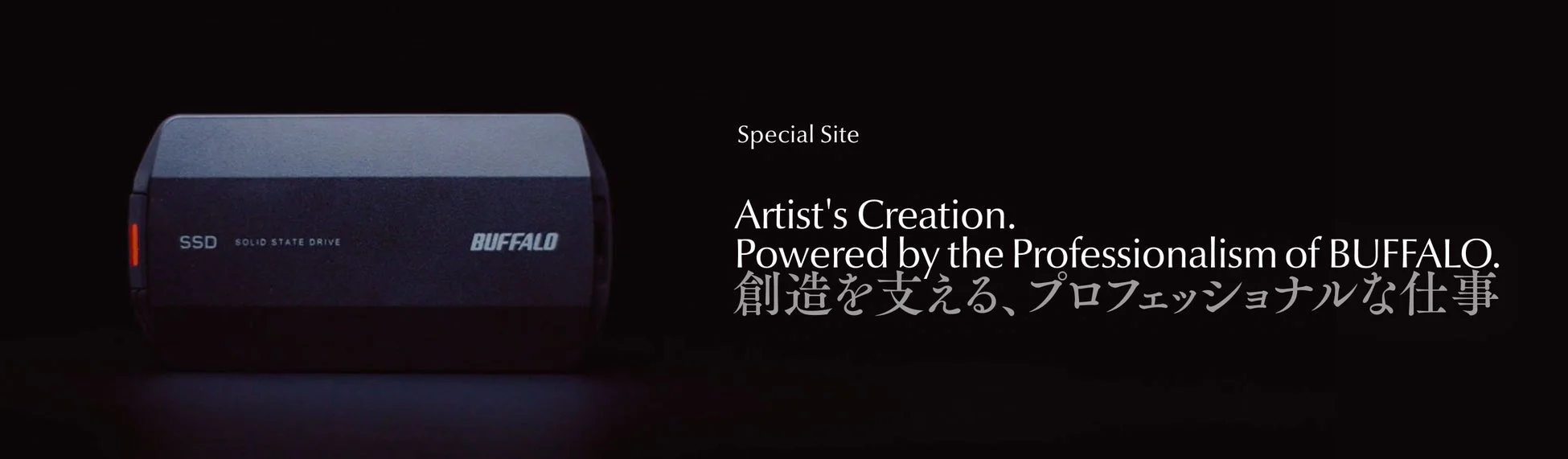 バッファロー製SSDと「創造を支える、プロフェッショナルな仕事」というスペシャルサイトの広告画像