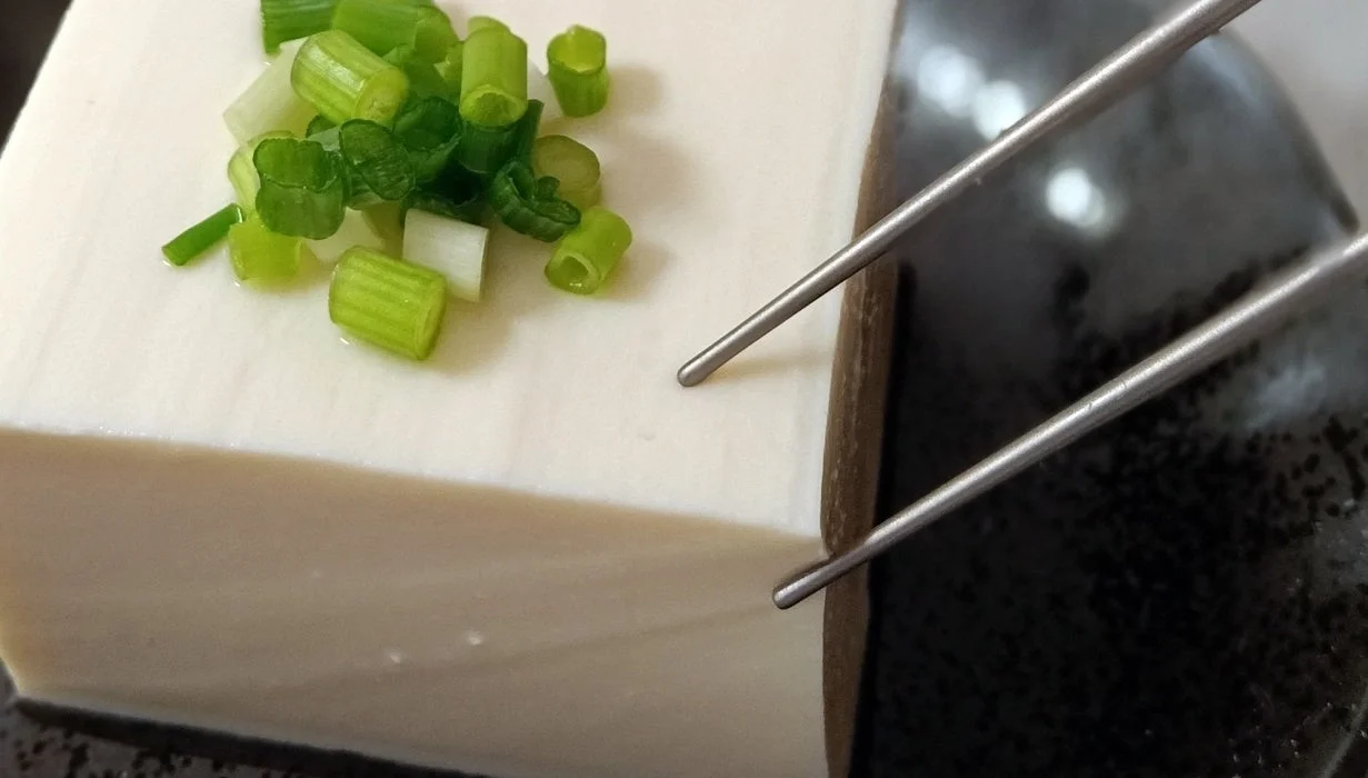 白い豆腐の上に刻んだ青ネギが添えられた和食