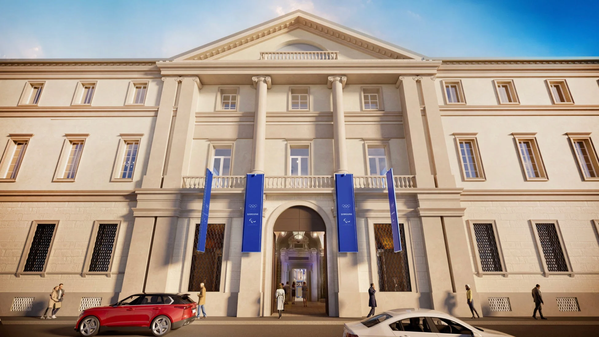オリンピック・パラリンピック、サムスンのロゴが入った旗で飾られたクラシック建築の建物