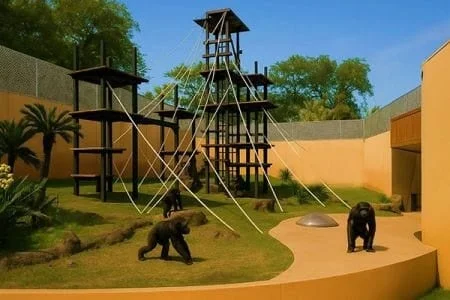 チンパンジーが遊ぶ放飼場の画像