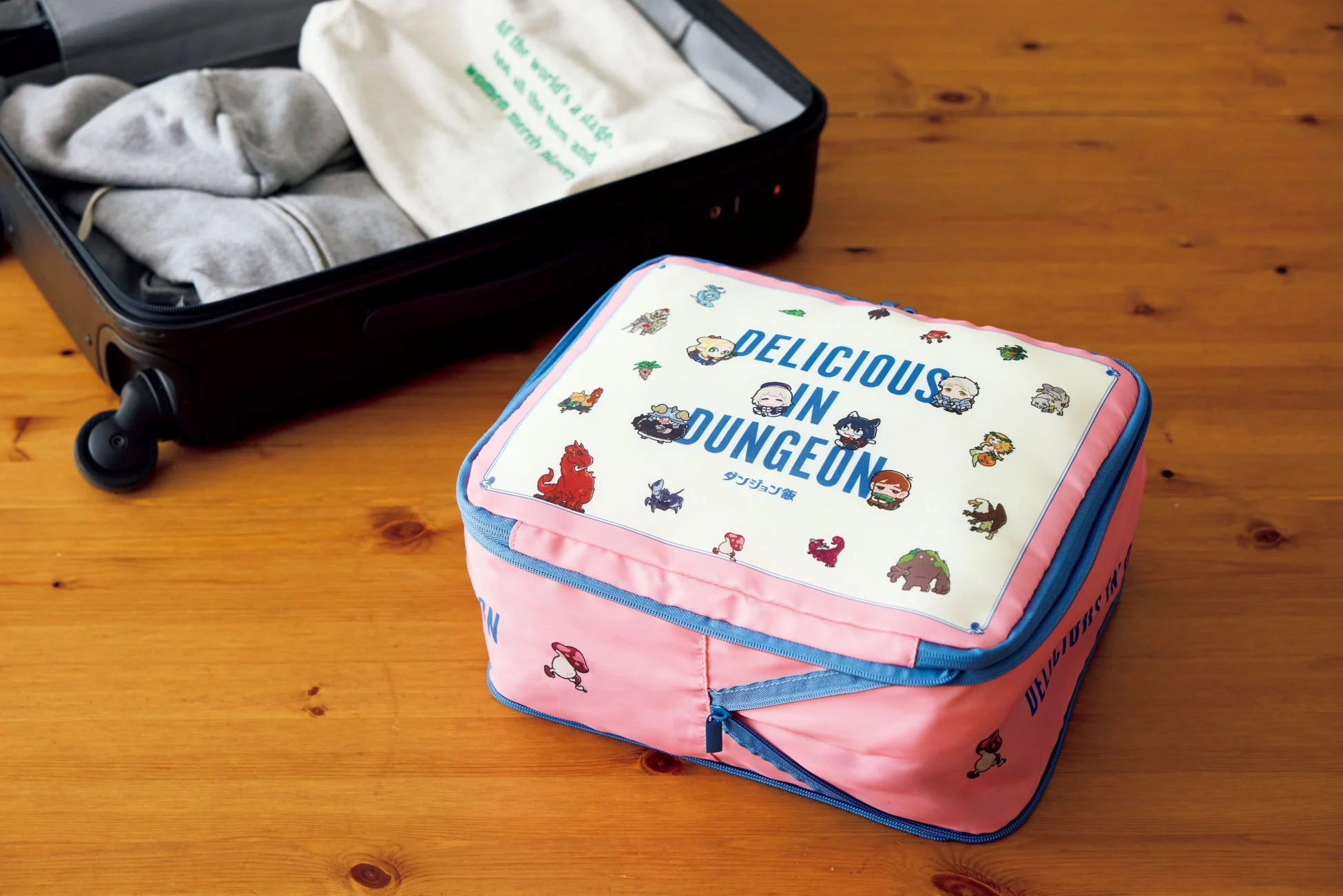 スーツケースの横に置かれたダンジョン飯の圧縮収納ポーチ