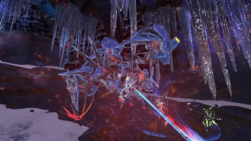 氷の洞窟で巨大モンスターと戦闘するプレイヤー
