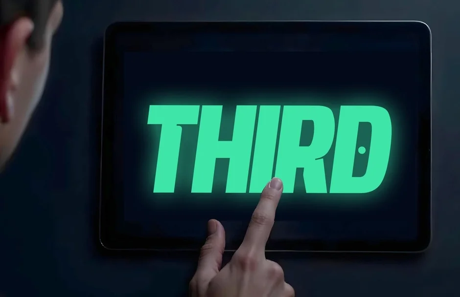 緑色に光る「THIRD」の文字が表示されたタブレットを指で操作している様子
