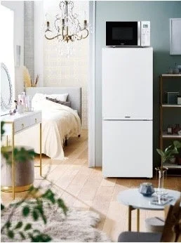 冷蔵庫の上に電子レンジが置かれた部屋