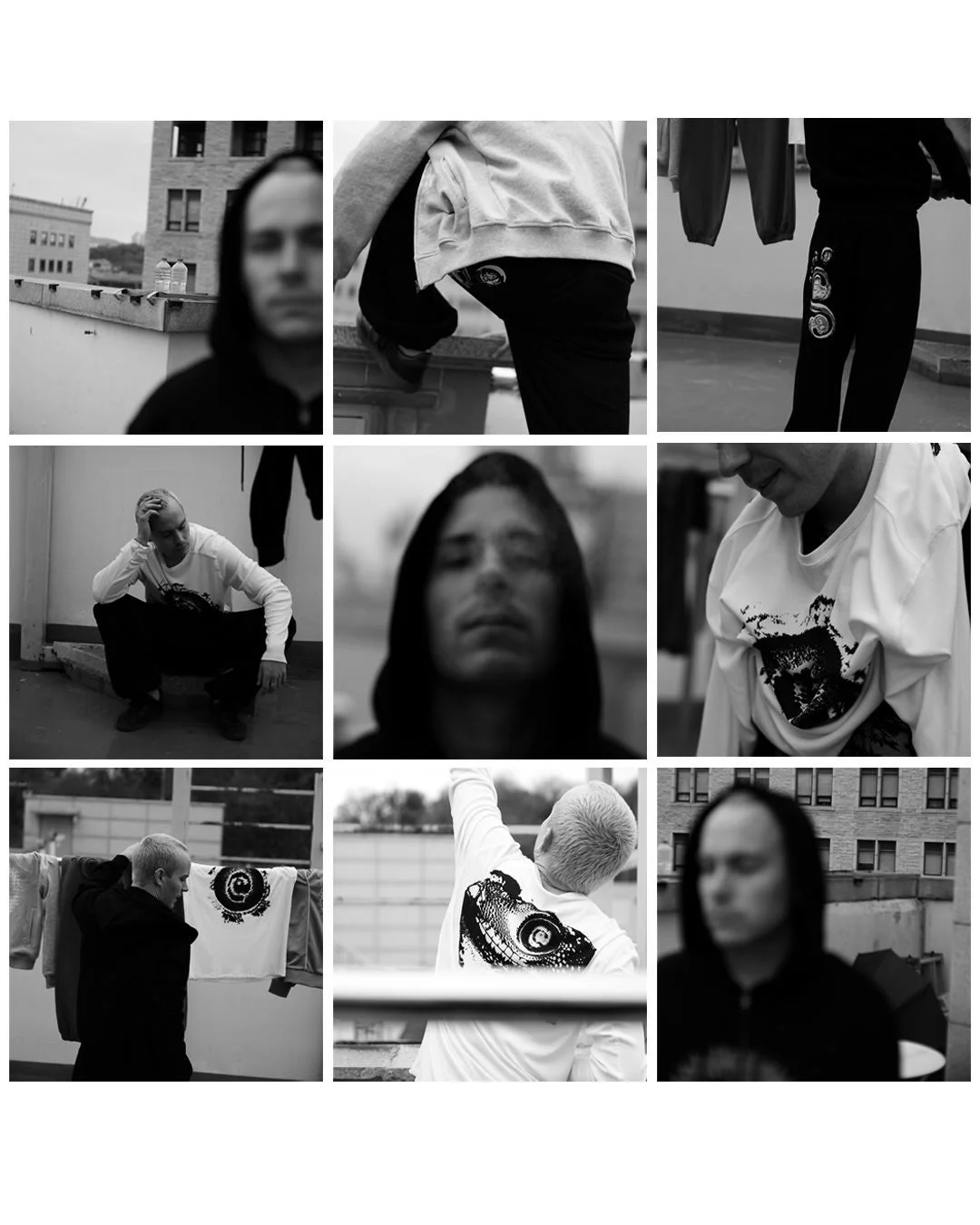 白黒写真の9枚のコラージュで、ストリートウェアを着た男性が特徴的な爬虫類の目のようなグラフィックデザインのフーディーやTシャツを着用している