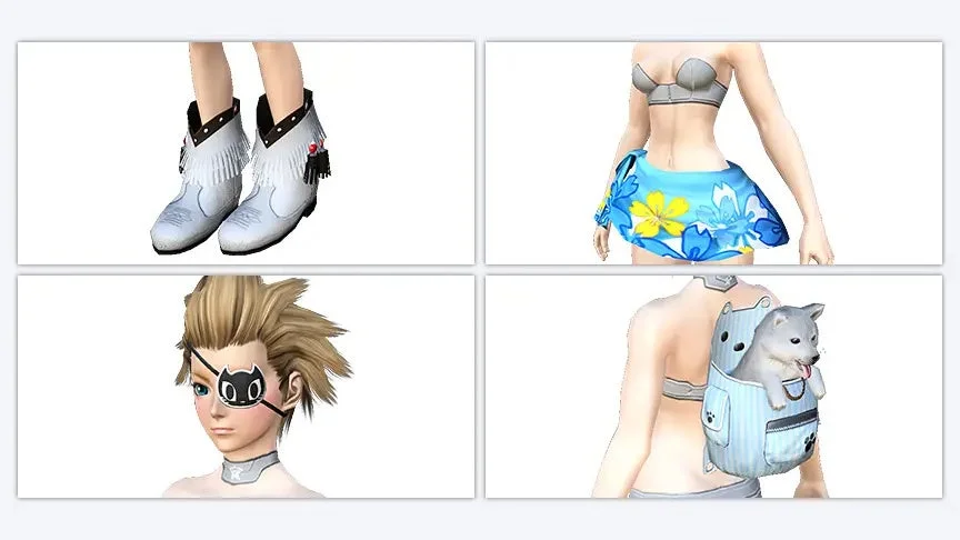 カウボーイブーツ、ビキニ、アイパッチなどのアイテム