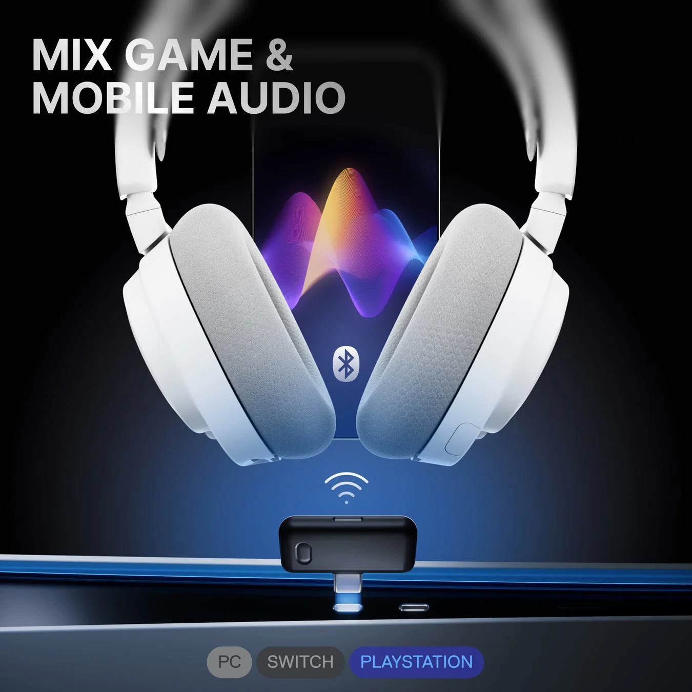 ゲームとモバイルの音声を同時にミックスできるワイヤレスヘッドホンとUSBドングルが描かれた画像です。