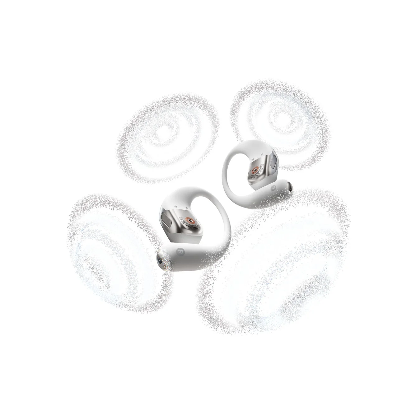 耳掛け式の白いワイヤレスイヤホン