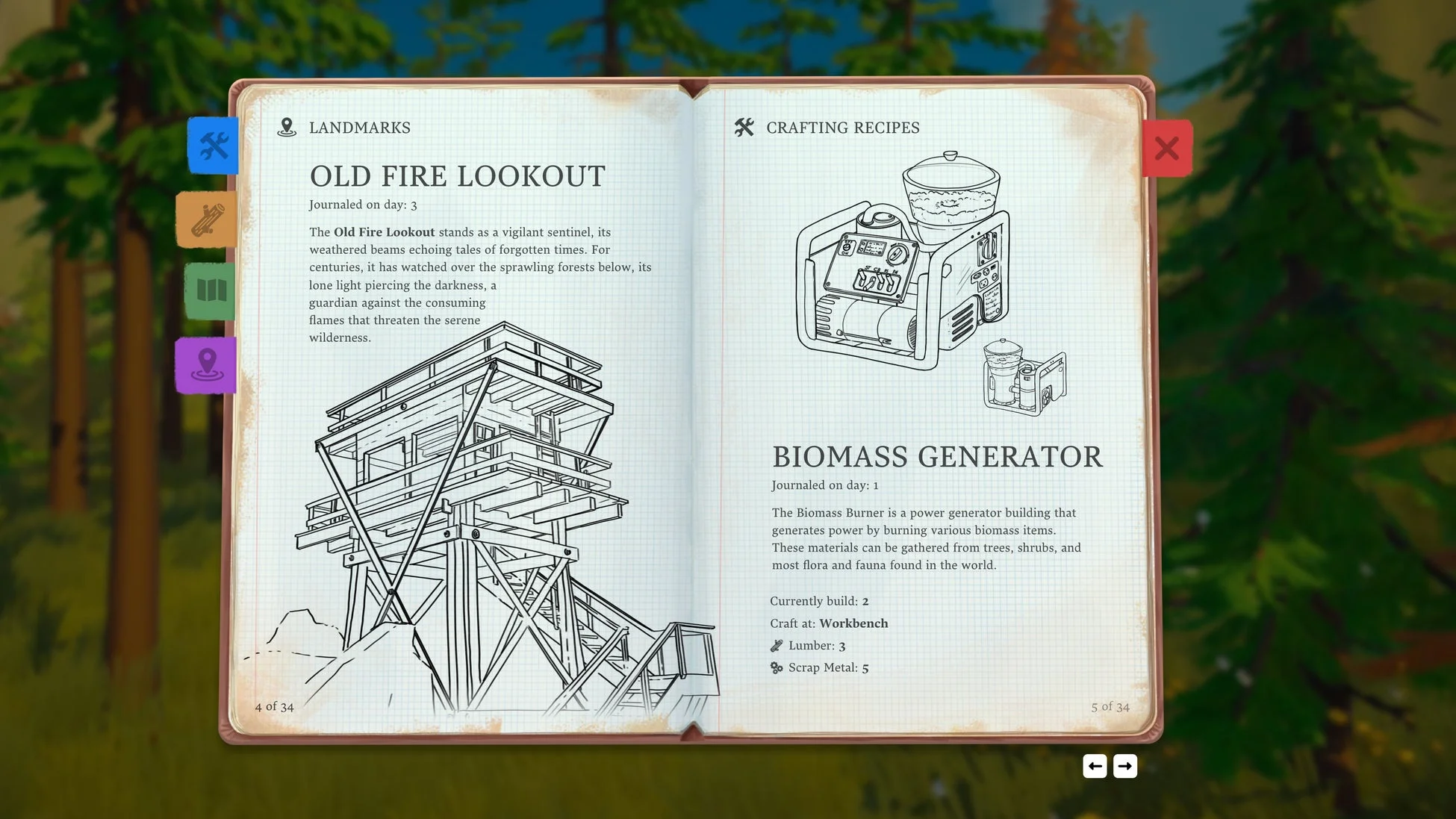 ゲーム内の図鑑のようなメニュー画面。左ページにはランドマーク「OLD FIRE LOOKOUT」の解説と設計図が、右ページには「BIOMASS GENERATOR」のクラフトレシピとその詳細が記されている。