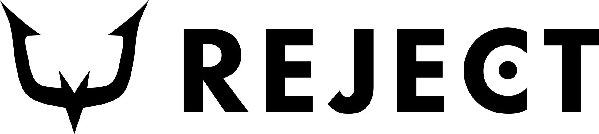 白い背景に黒い文字で「REJECT」と書かれたロゴ画像です。左側には尖った形状のシンボルマークが配置されており、シンプルながらも力強い印象を与えます。eスポーツチームのロゴデザインとして使用されている可能性があります。